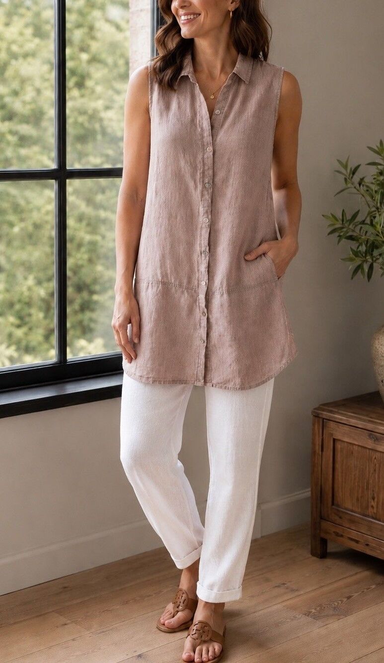 Tahari 100% Linen Tan Beige Tunic Top Button Up Sleevless Blouse Women's Large